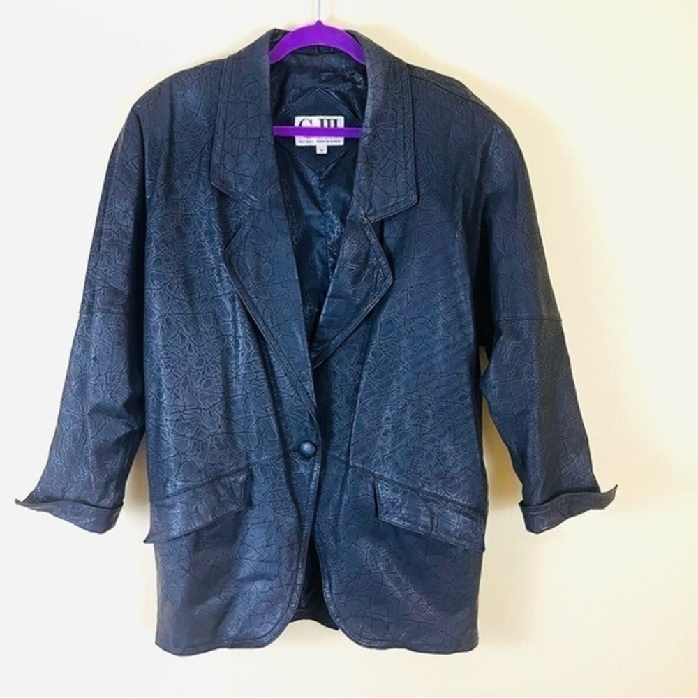 G-III Black Retro Crack Leather "90's"‎ Shoulder Pad Single Button Blazer Size S